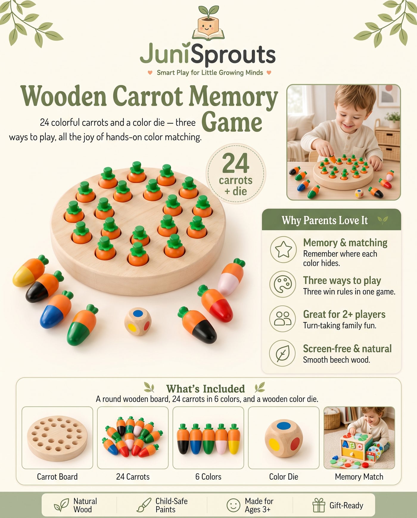 Wooden Carrot Memory Game overview and what's included