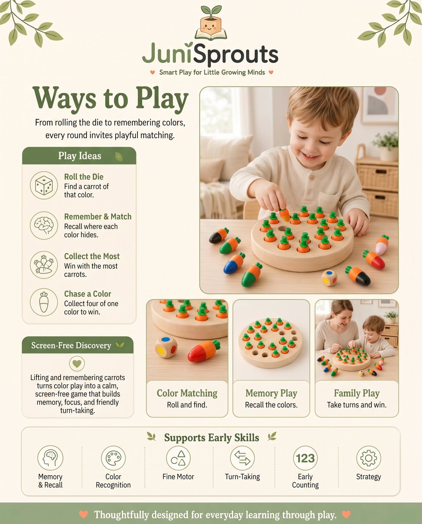 Wooden Carrot Memory Game ways to play and early skills