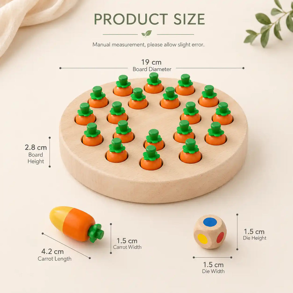 Wooden carrot memory game size diagram showing 19 cm board diameter, 4.2 cm carrot length, and 1.5 cm color die dimensions