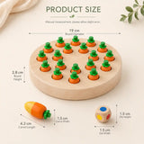 Wooden carrot memory game size diagram showing 19 cm board diameter, 4.2 cm carrot length, and 1.5 cm color die dimensions