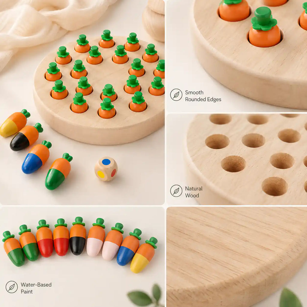 Wooden carrot memory game material details with smooth rounded edges, natural beech wood, and water-based paint