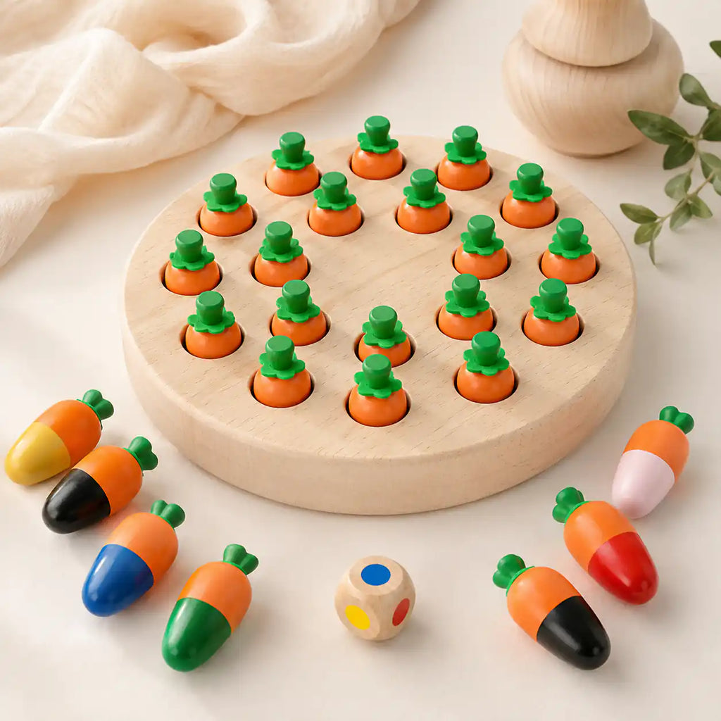 Wooden carrot memory game with round natural wood board, colorful wooden carrots, and color die on a cream background