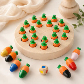 Wooden carrot memory game with round natural wood board, colorful wooden carrots, and color die on a cream background