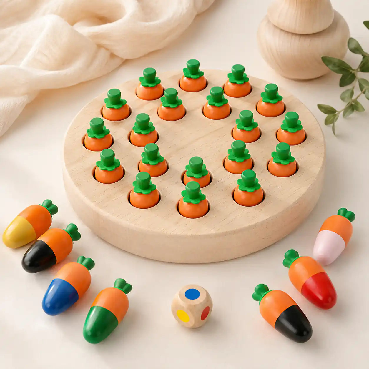 Wooden carrot memory game with round natural wood board, colorful wooden carrots, and color die on a cream background