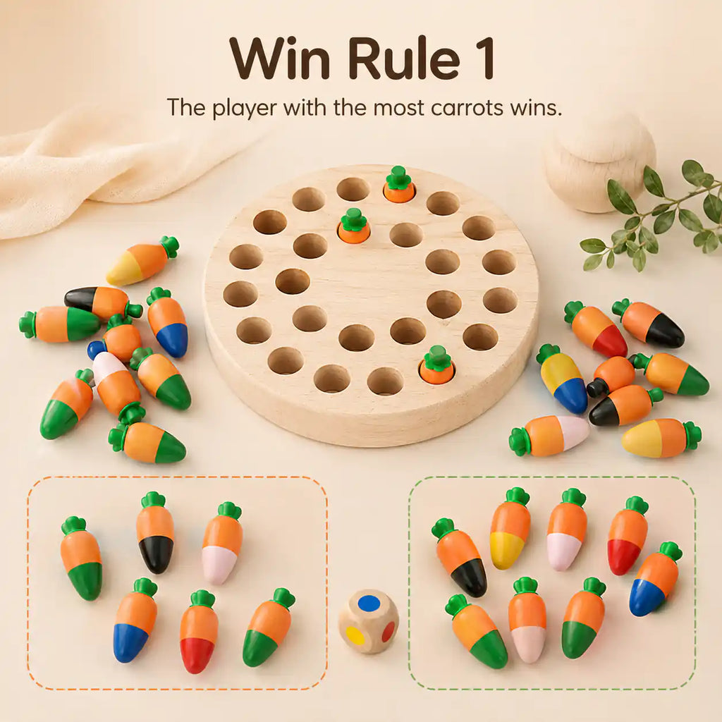 Wooden carrot memory game Win Rule 1 illustration showing that the player with the most carrots wins