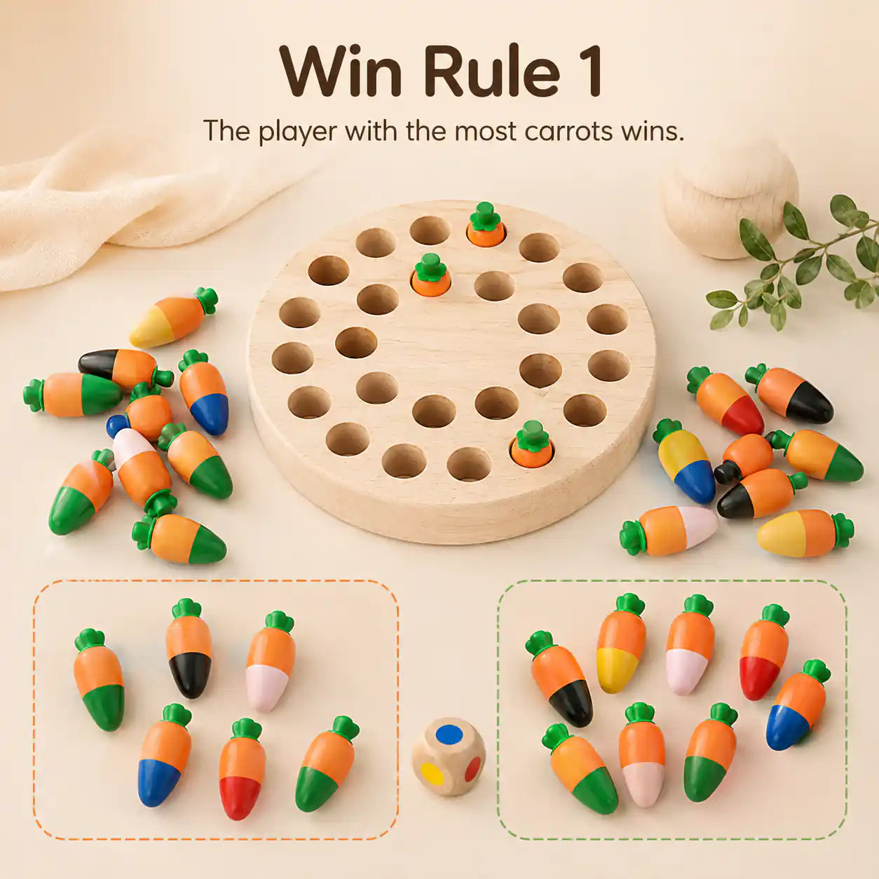 Wooden carrot memory game Win Rule 1 illustration showing that the player with the most carrots wins
