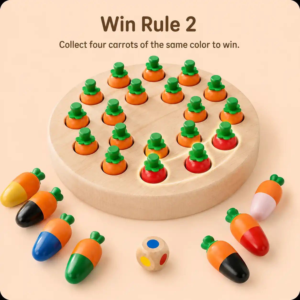 Wooden carrot memory game Win Rule 2 illustration showing four red carrots collected to win