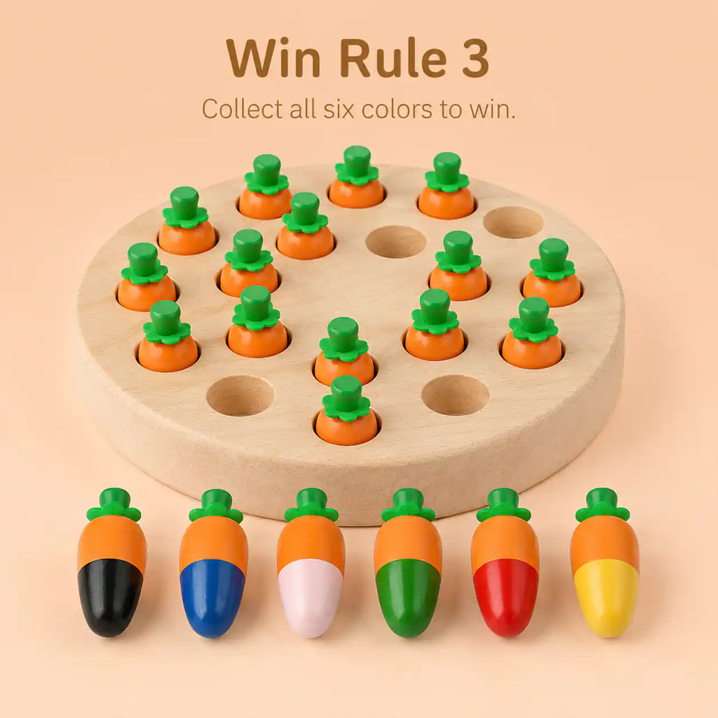 Wooden carrot memory game Win Rule 3 illustration showing all six carrot colors lined up to win