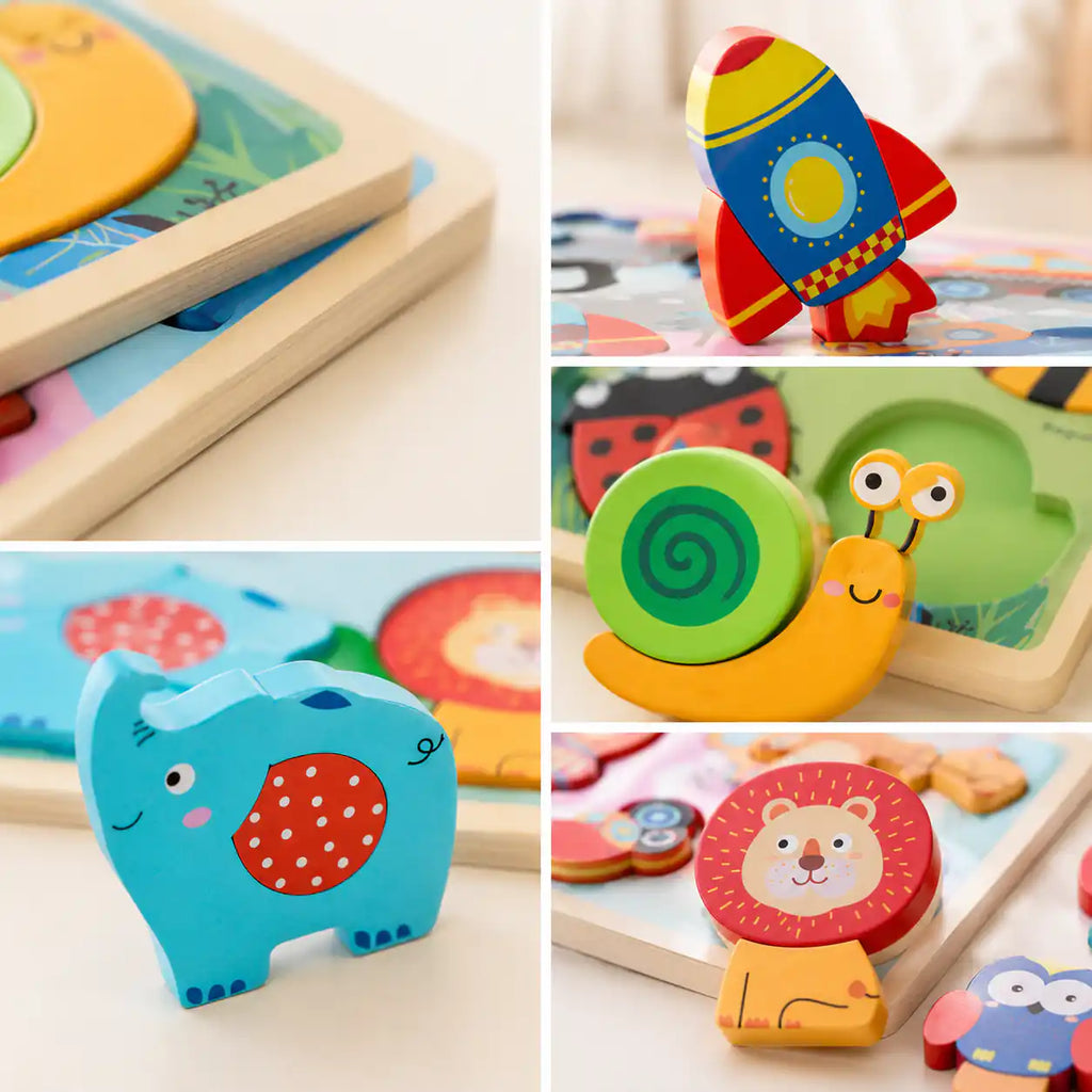 Close-up details of the wooden chunky puzzle set with rocket, snail, elephant, and lion pieces with smooth rounded edges
