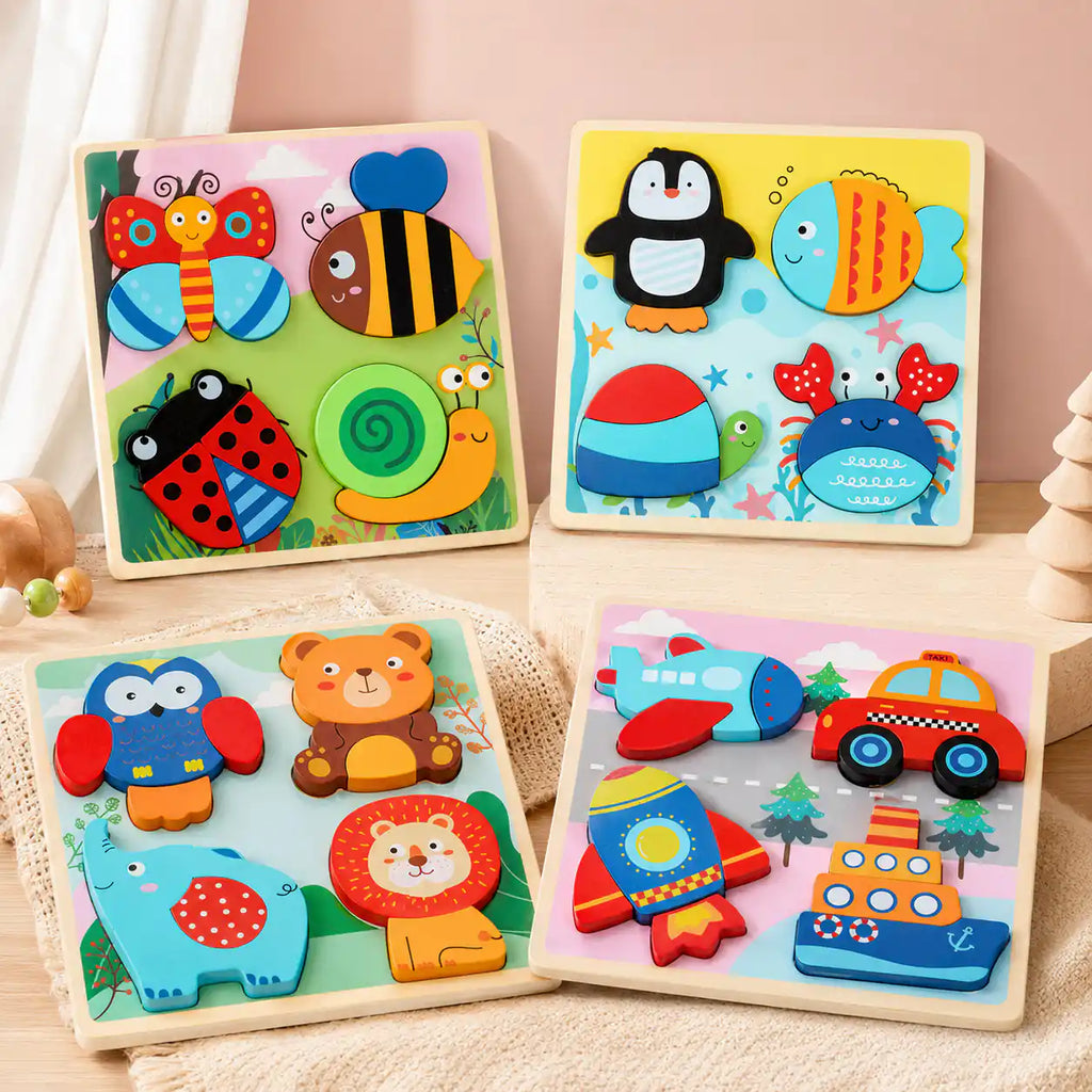 Wooden chunky puzzle set for toddlers with four boards featuring garden bugs, ocean animals, forest friends, and vehicles