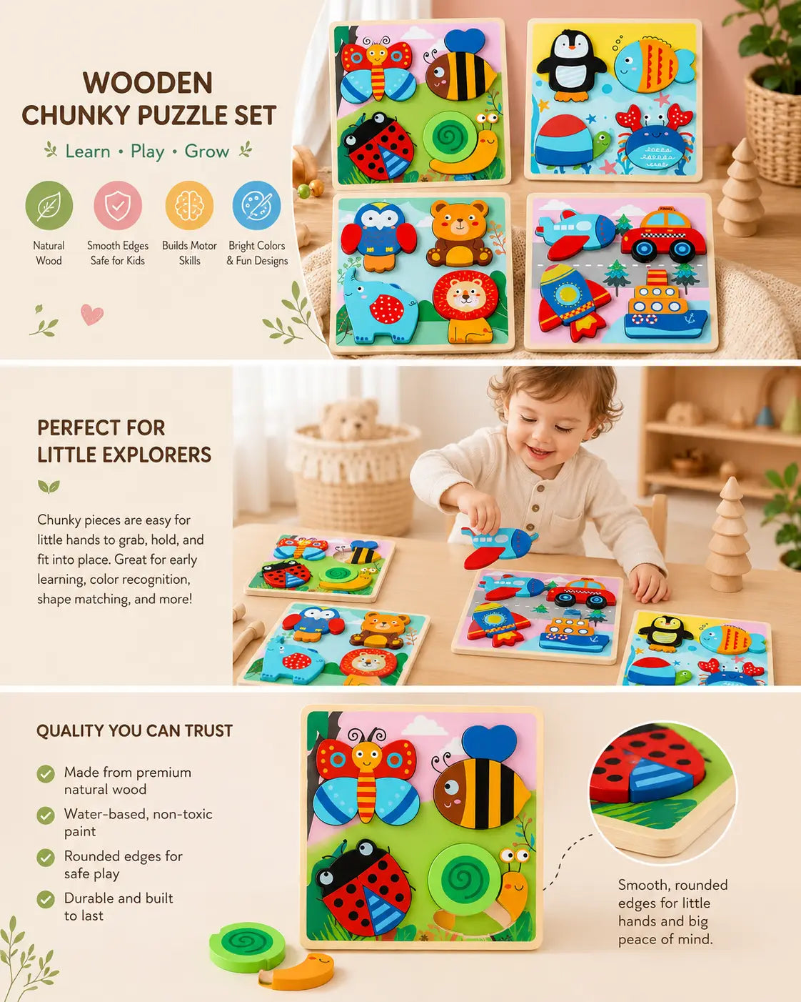 Toddler placing chunky wooden puzzle pieces into their cut-outs, supporting fine motor skills, shape recognition and vocabulary for ages 2 and up.