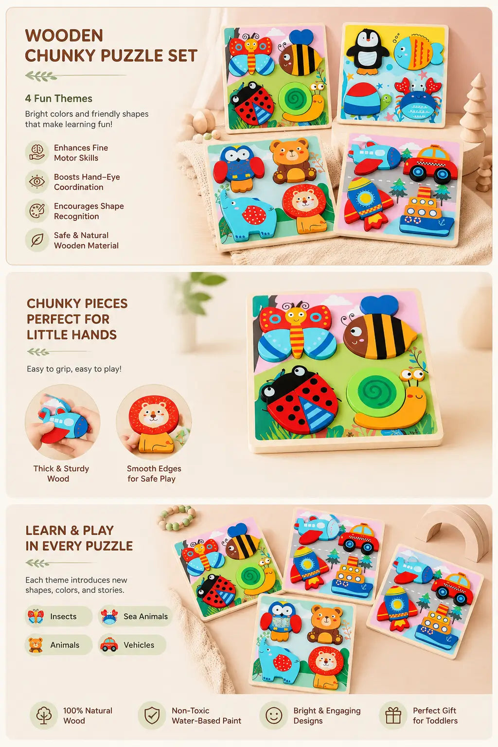 Close-up details of the wooden chunky puzzle set — thick rounded pieces, painted finish and gift-ready box, with care and age guidance for ages 2 and up.