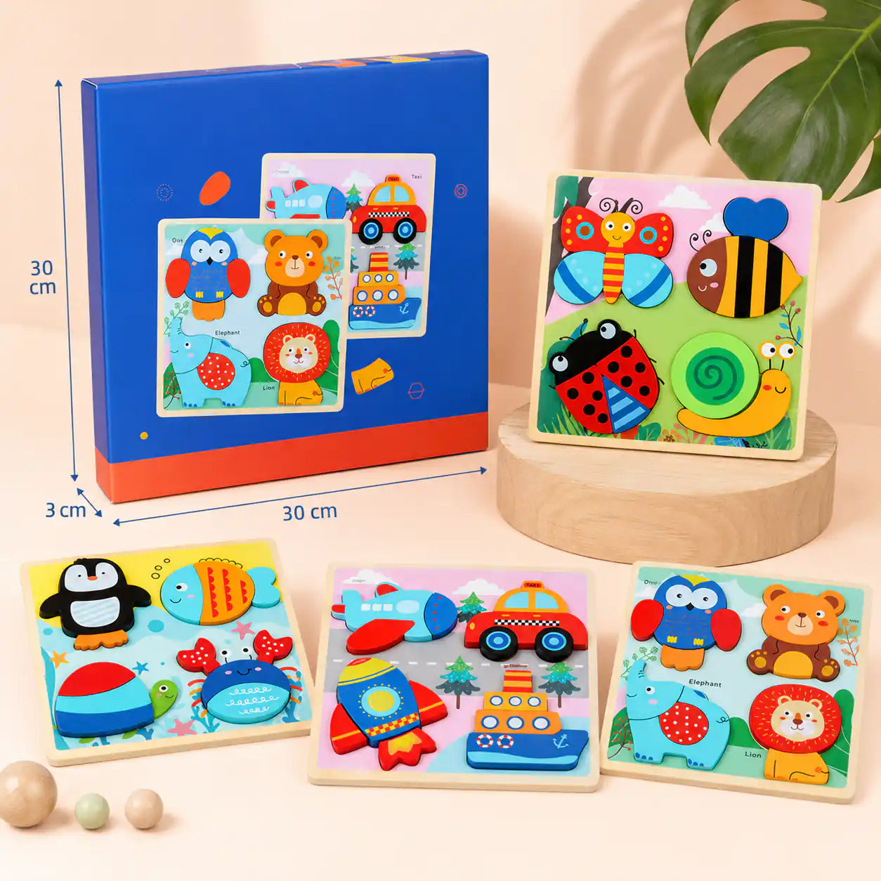 Wooden chunky puzzle gift set with sturdy printed box, dimensions 30 by 30 by 3 centimeters, showing all four toddler puzzle boards