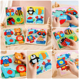 Multi-panel collage showing children playing with the wooden chunky puzzle set, placing animal and vehicle pieces onto their boards