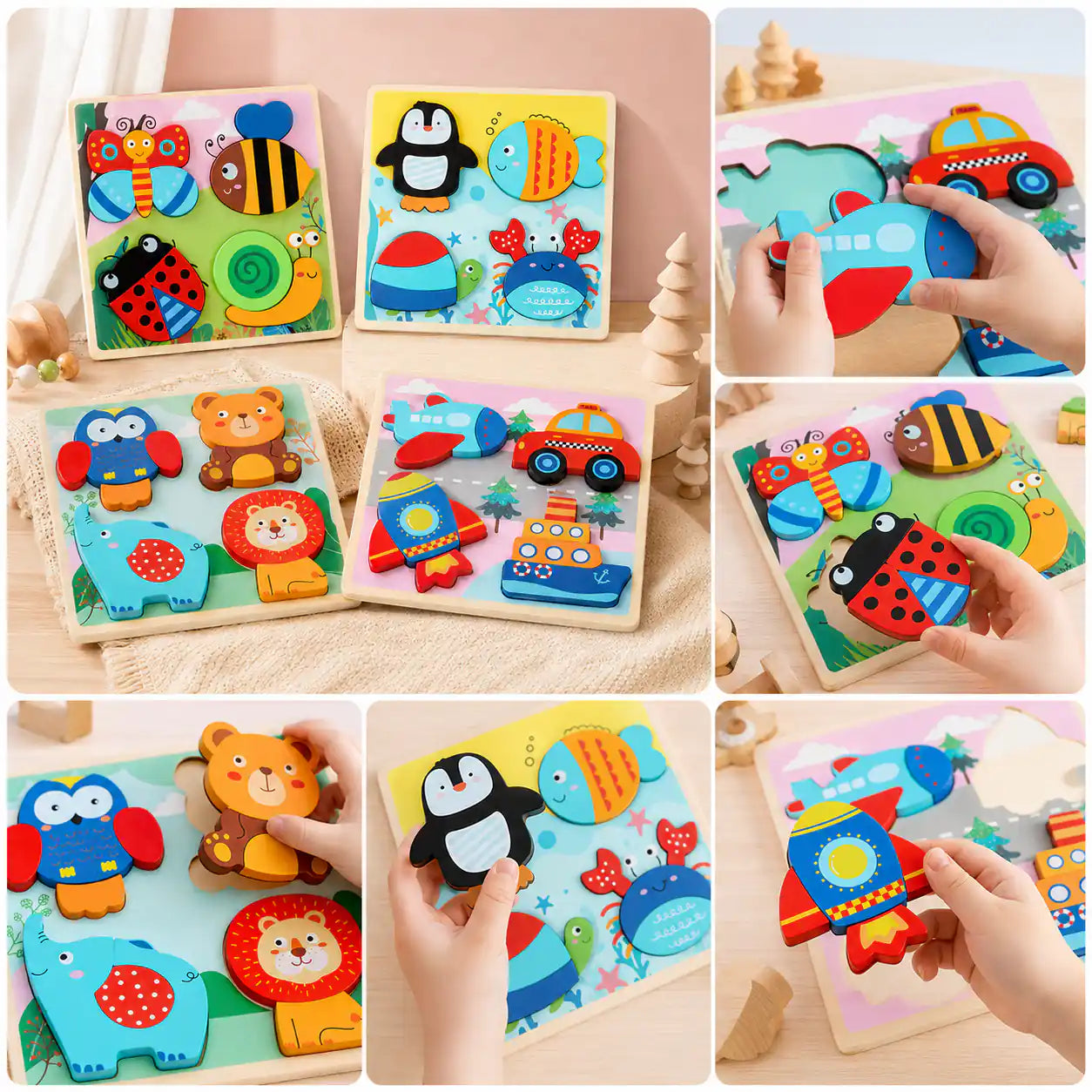 Multi-panel collage showing children playing with the wooden chunky puzzle set, placing animal and vehicle pieces onto their boards