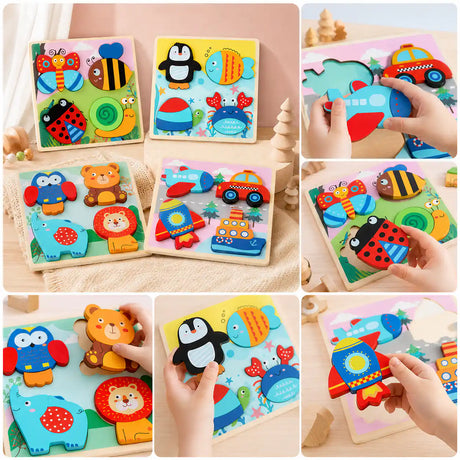 Multi-panel collage showing children playing with the wooden chunky puzzle set, placing animal and vehicle pieces onto their boards