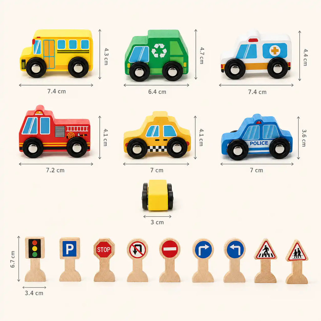 Wooden city traffic play set styled on a cream background with all 6 vehicles and traffic signs positioned across the road map
