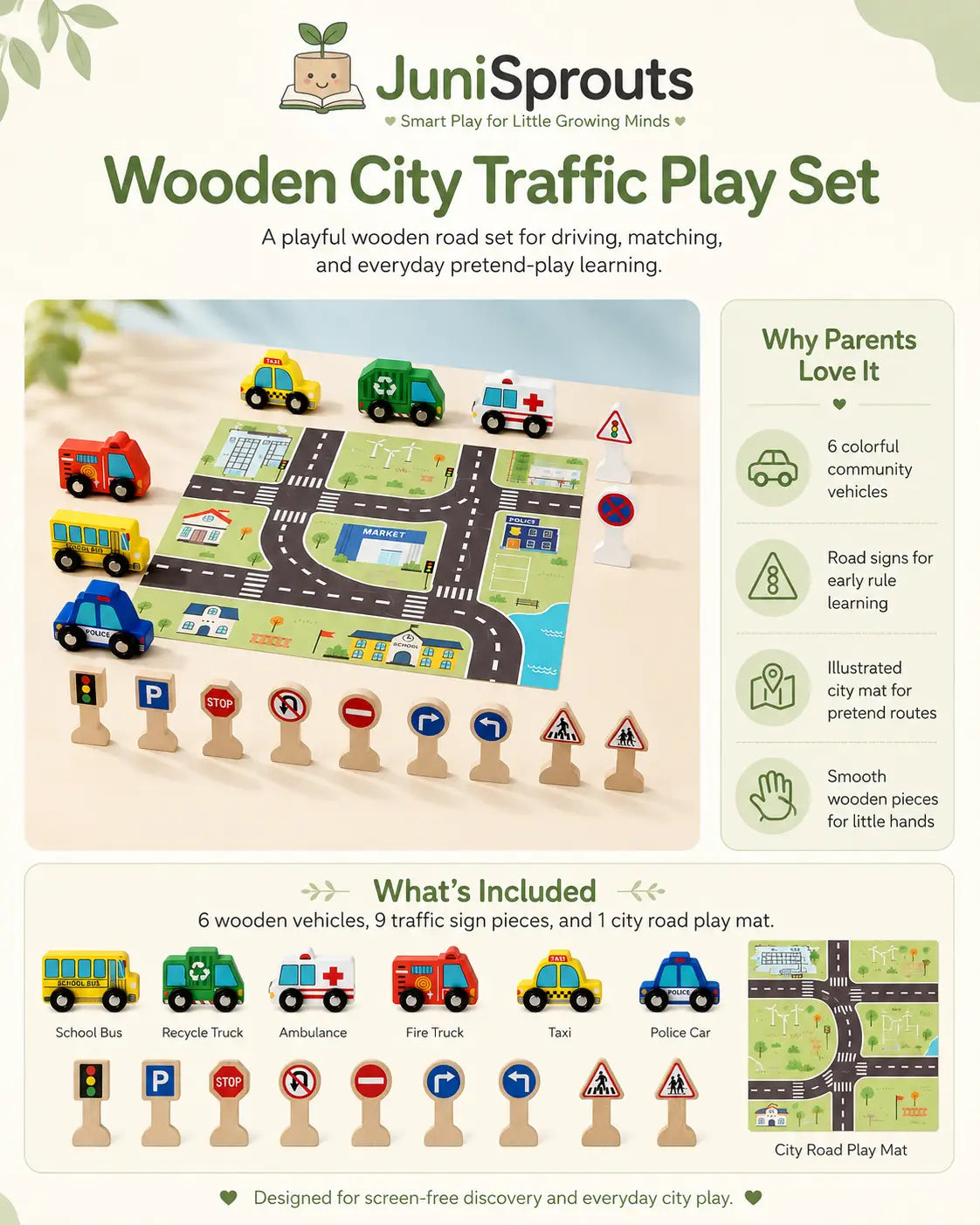 Wooden city traffic play set with 6 vehicles, 9 standing road signs and a printed city play mat, a pretend play toy for children ages 4 and up.