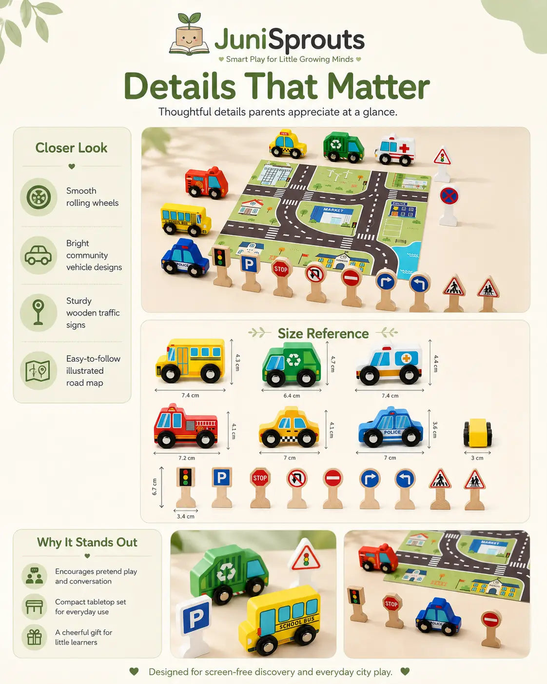 Close-up details of the wooden city traffic set — painted vehicles with rolling wheels, standing signs and coated play mat, with care and age guidance.