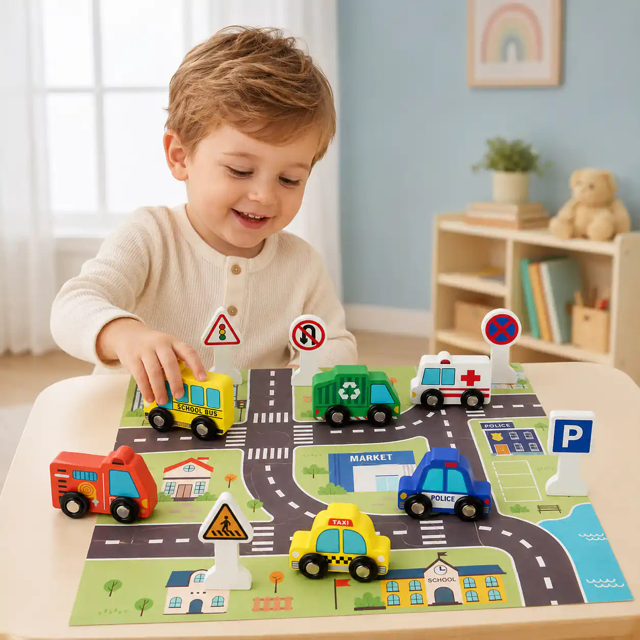 Size diagram showing the dimensions of each wooden vehicle and traffic sign in the city play set in centimeters