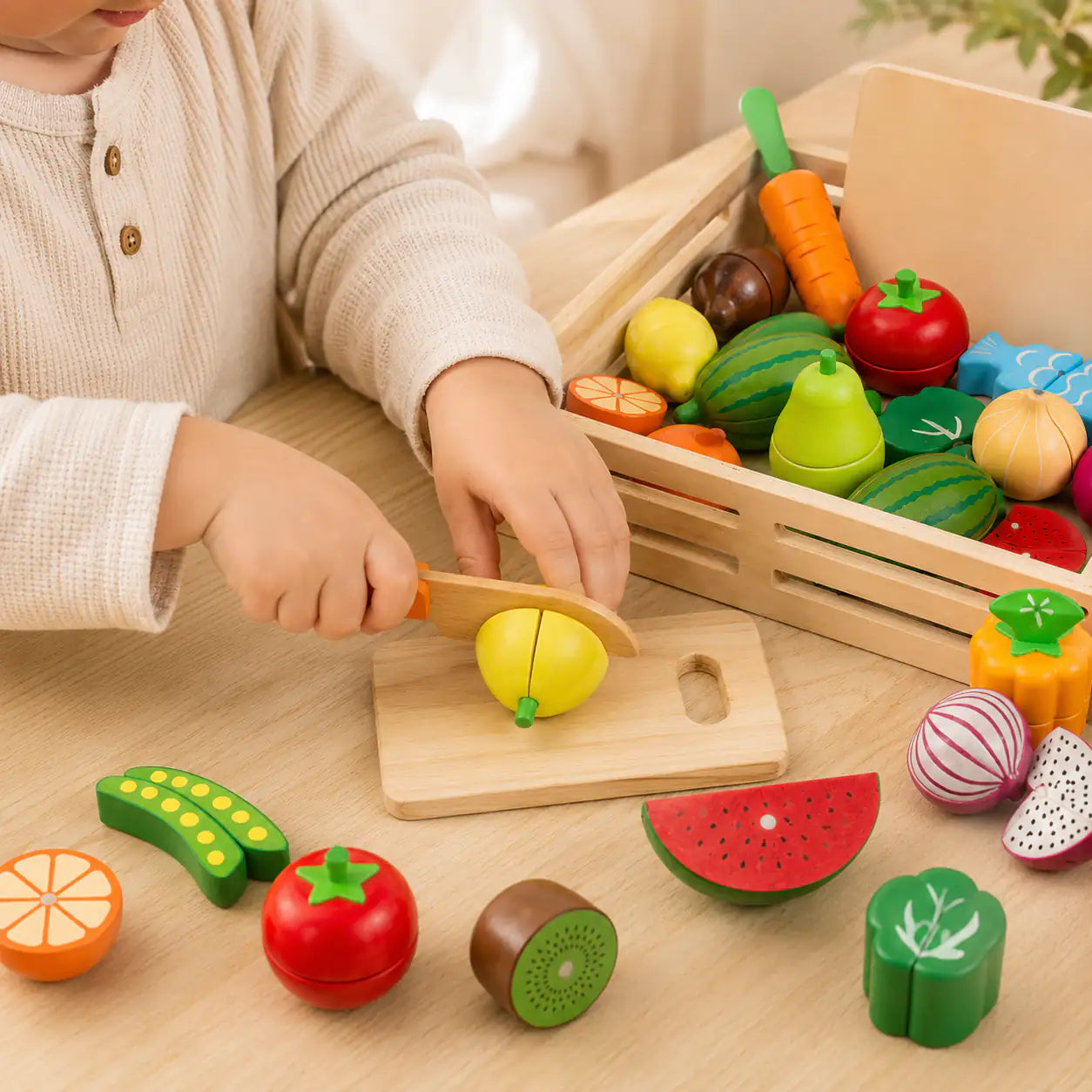 Close-up of the hook-and-loop fasteners on the sliceable wooden fruits and vegetables