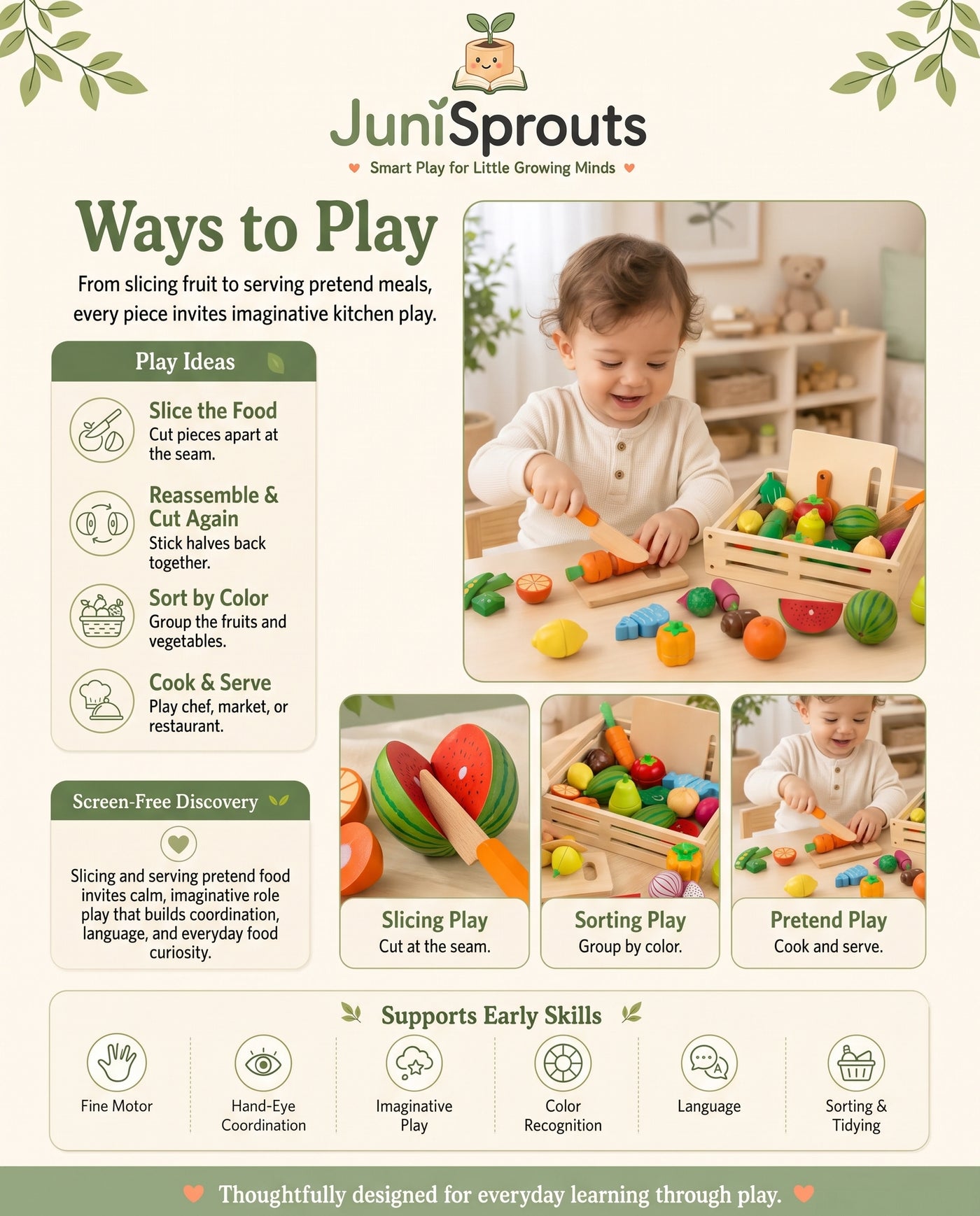 Wooden Cutting Fruits & Vegetables Play Set ways to play and early skills