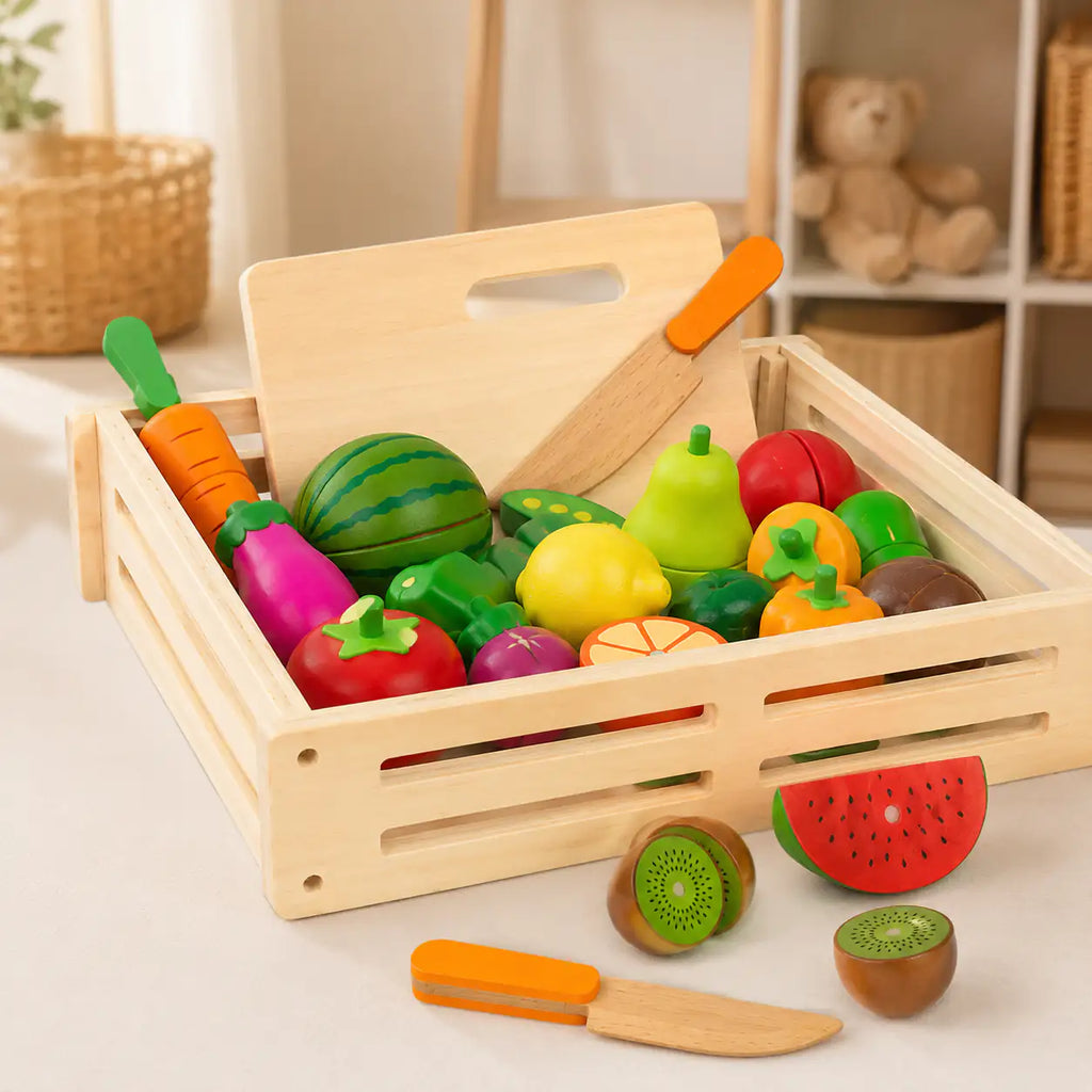 Wooden cutting fruits and vegetables play set with 17 pieces and wooden crate on a cream background