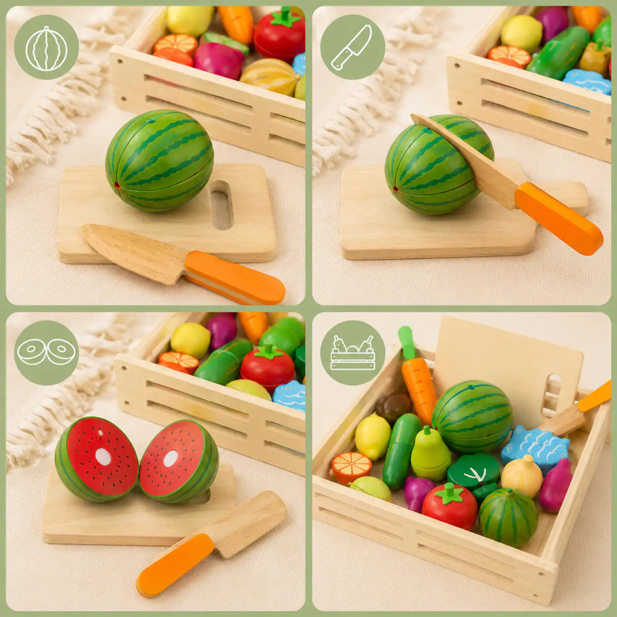 Wooden cutting fruits and vegetables play set styled in a warm pretend kitchen scene