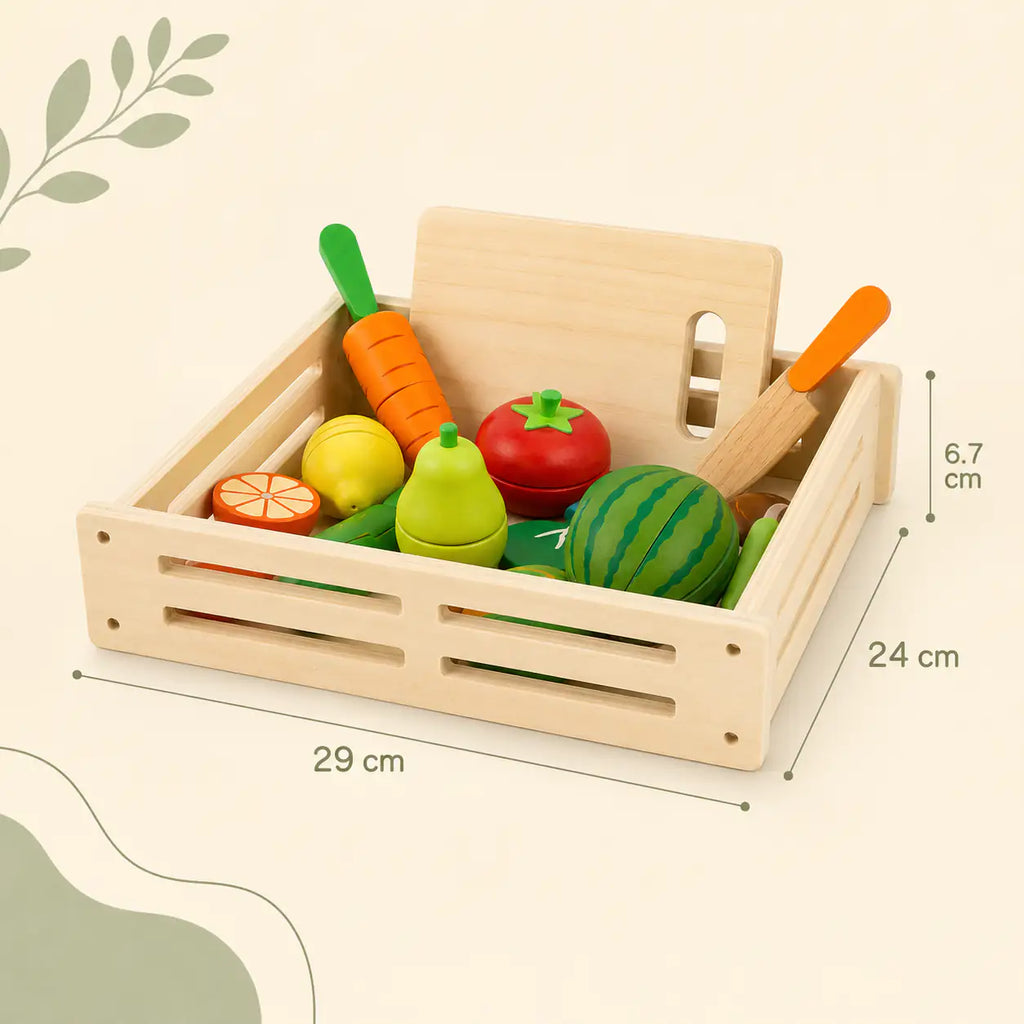 Wooden cutting fruits and vegetables play set with size dimensions shown in the wooden crate
