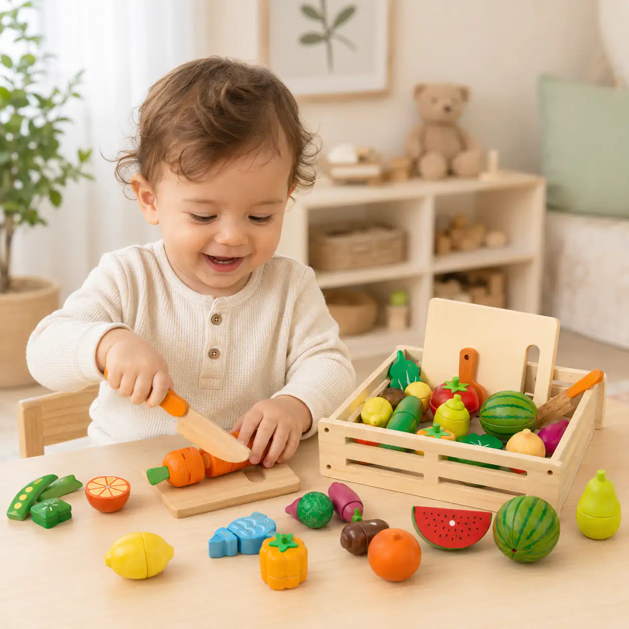 Toddler hands using the wooden knife to slice a play carrot during pretend kitchen play