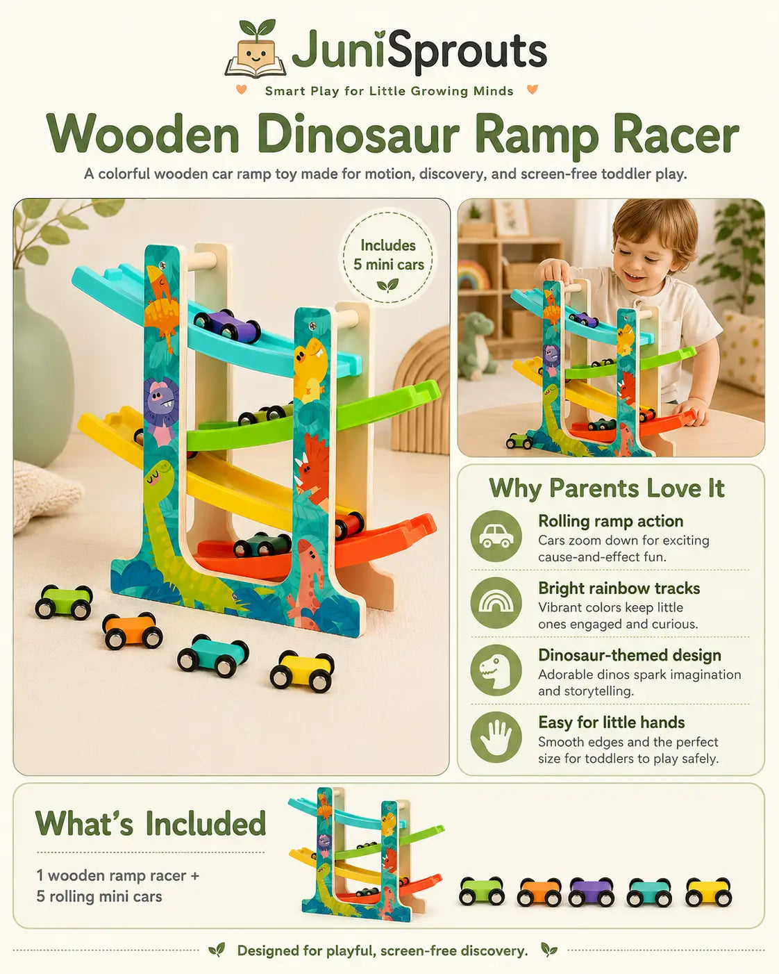 Wooden dinosaur ramp racer with four zigzag tracks and mini wooden cars, a Montessori-inspired car track toy for children ages 3 and up.