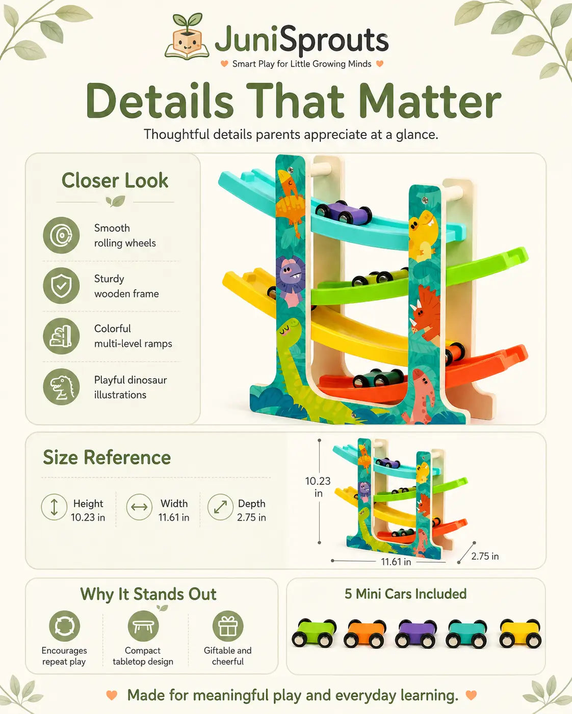 Close-up details of the wooden dinosaur ramp racer — wood frame, printed jungle artwork and smooth zigzag ramps, with care and age guidance for ages 3+.