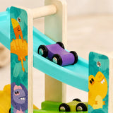 Sturdy wood frame and four colorful zigzag tracks of the dinosaur ramp racer shown together