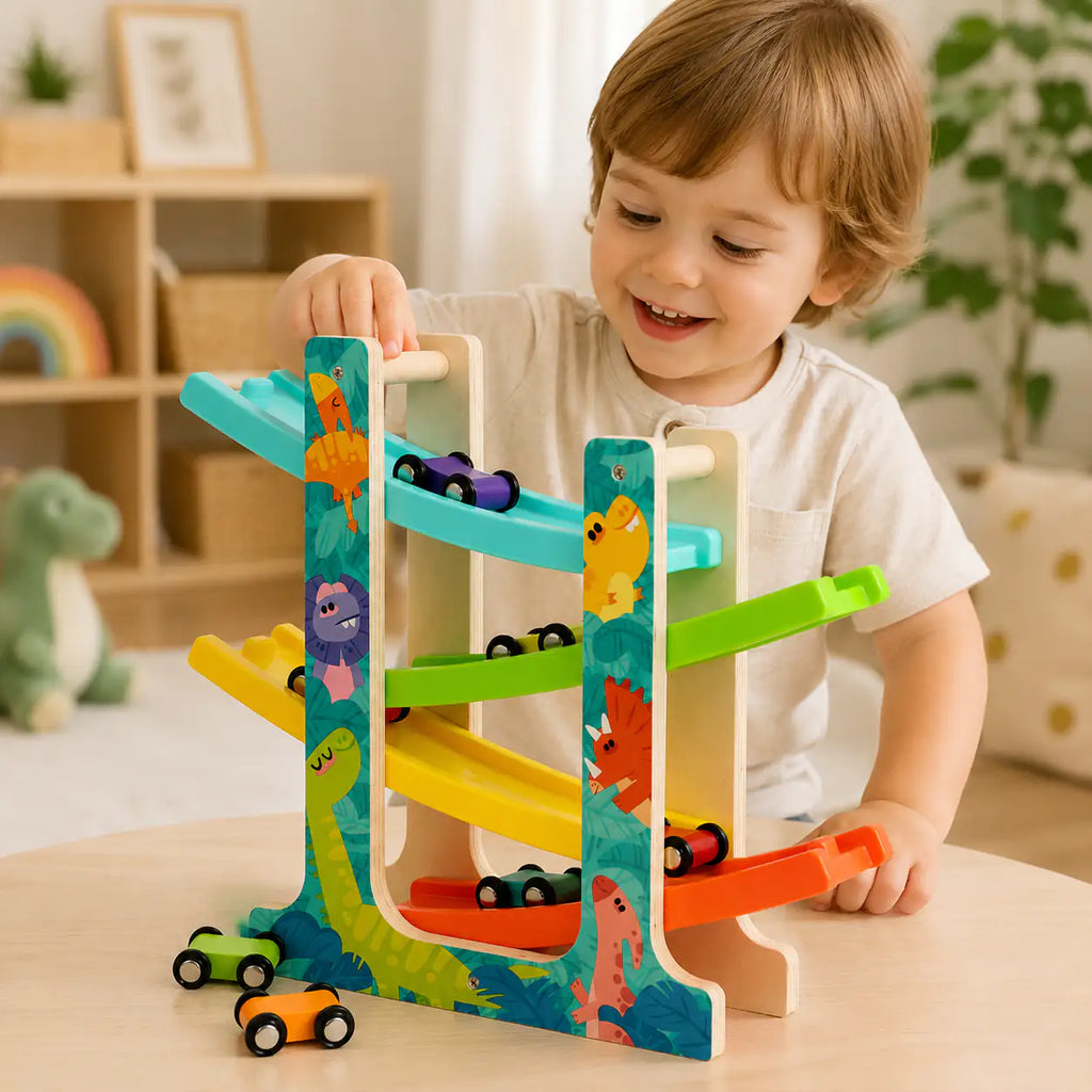 Wooden dinosaur ramp racer styled in a calm dinosaur-themed playroom