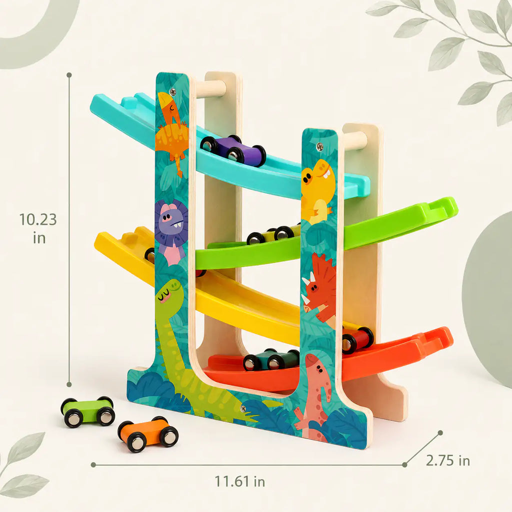 Wooden dinosaur ramp racer with size dimensions shown for the playroom shelf