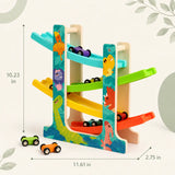 Wooden dinosaur ramp racer with size dimensions shown for the playroom shelf