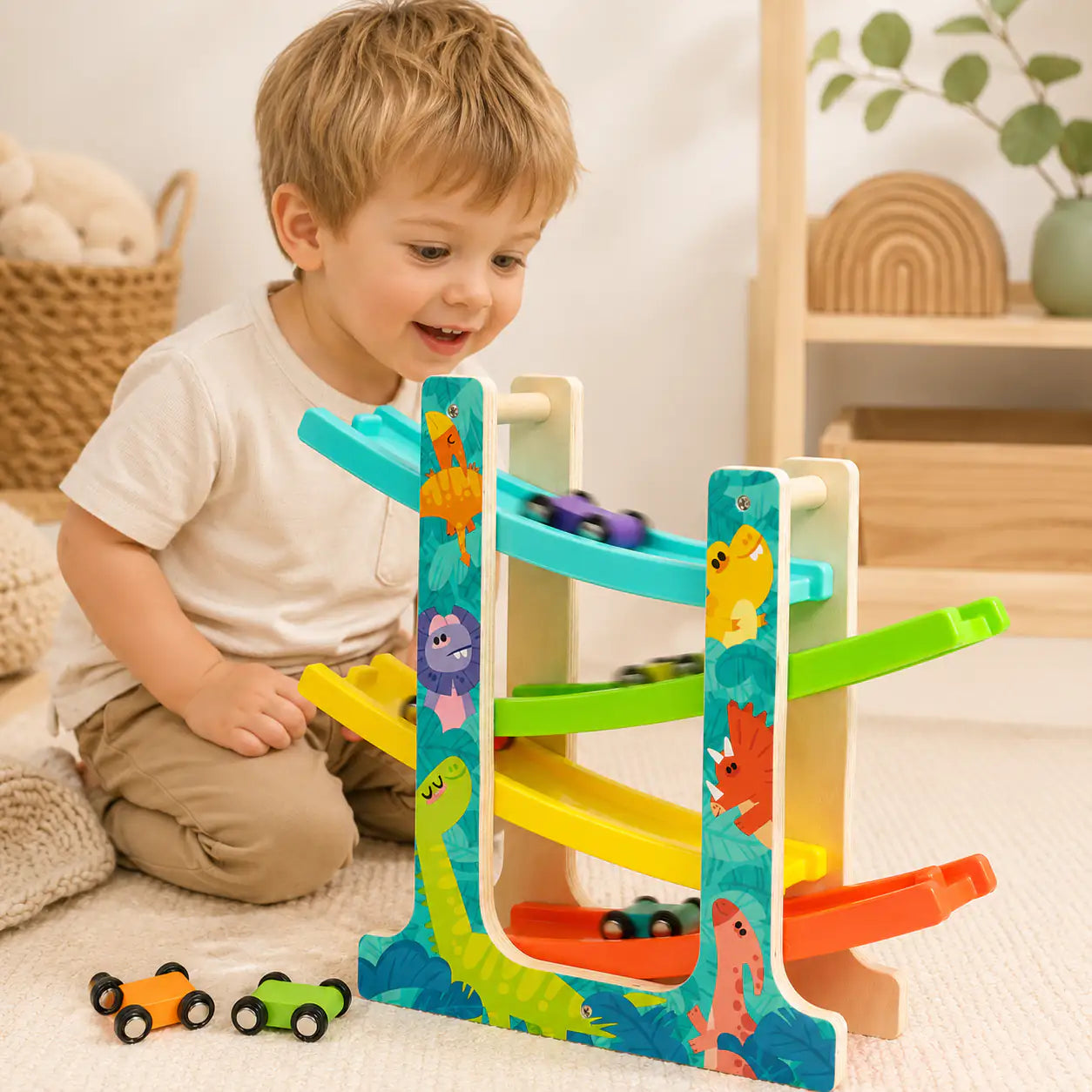 Toddler hands releasing a mini wooden car at the top of the dinosaur ramp racer
