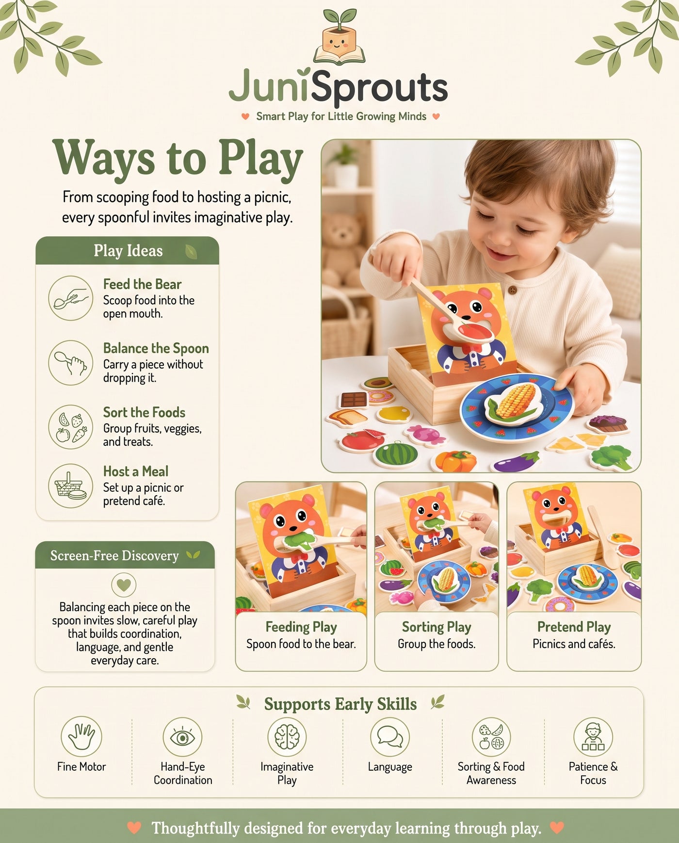 Wooden Feed the Bear Set ways to play and early skills