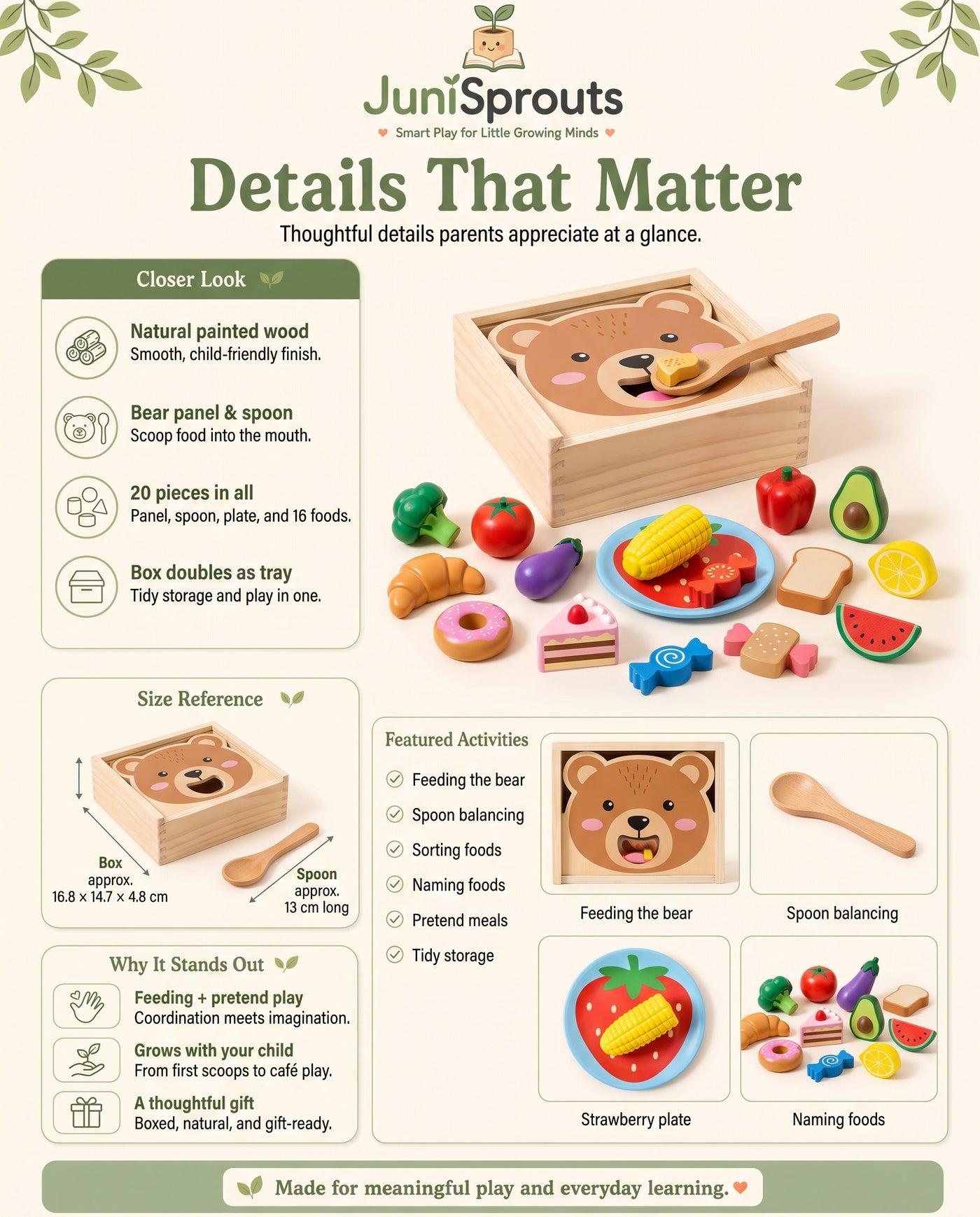 Wooden Feed the Bear Set details and size reference