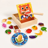 Top-down view of the wooden feed the bear pretend play set with bear face panel in its storage box and assorted wooden food pieces arranged around it