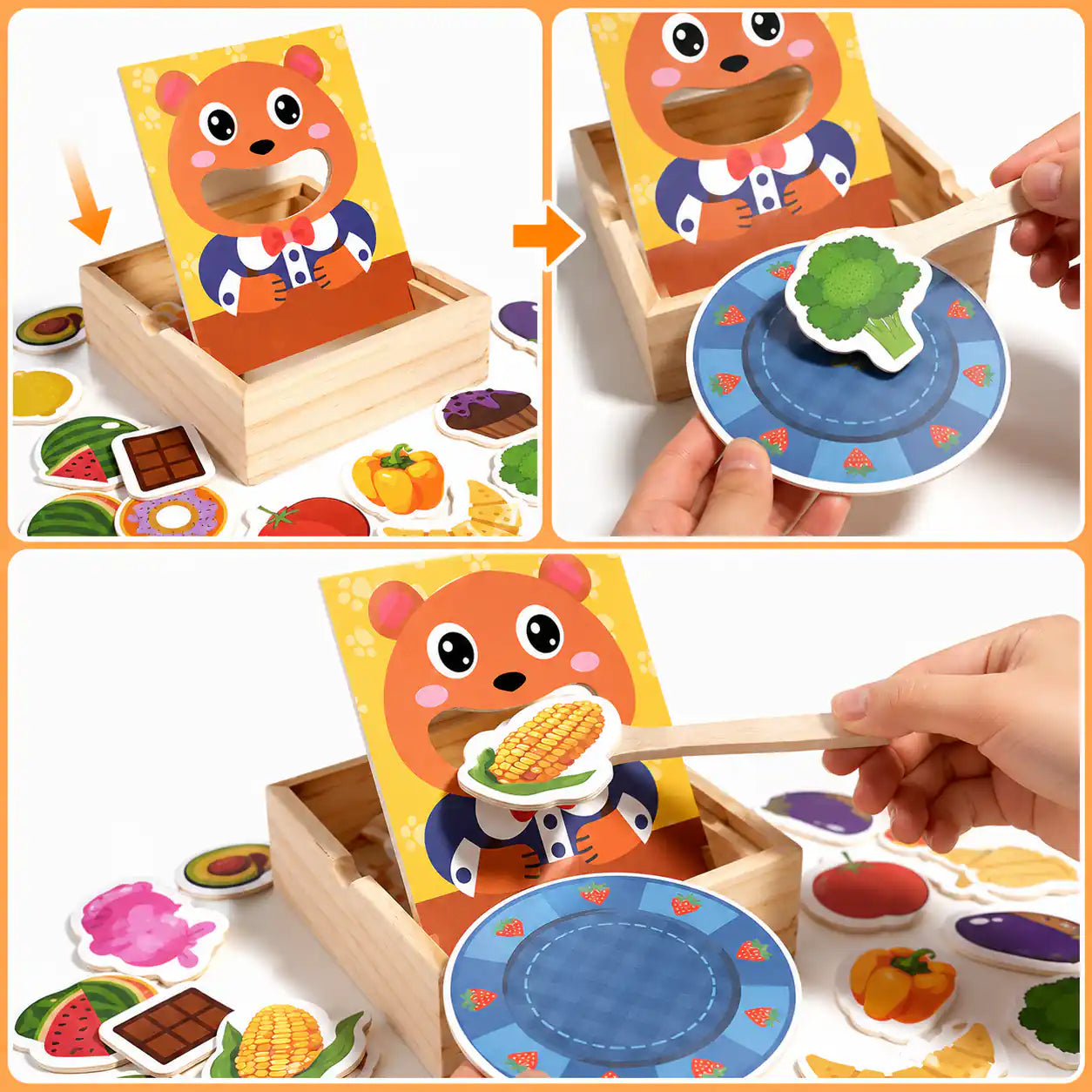 Three-step how-to-play guide for the wooden feed the bear toy showing panel placement, scooping broccoli onto the plate, and feeding corn into the bear's mouth