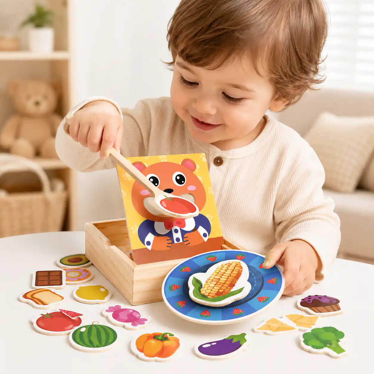 Toddler in a cream sweater using a wooden spoon to feed a tomato slice to a smiling wooden bear face panel in a softly lit nursery