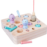Empty natural wood game board of the wooden magnetic fishing game showing the fish holes