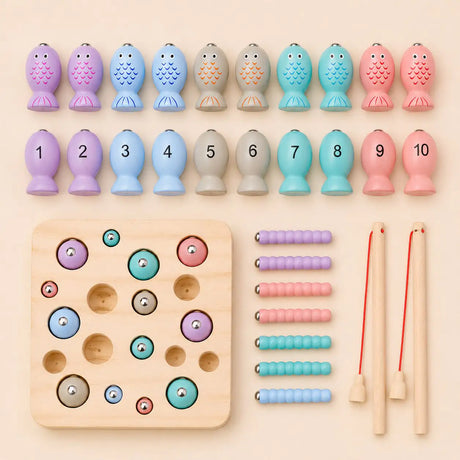 Flat lay of all ten numbered wooden fish from 1 to 10 from the magnetic fishing game