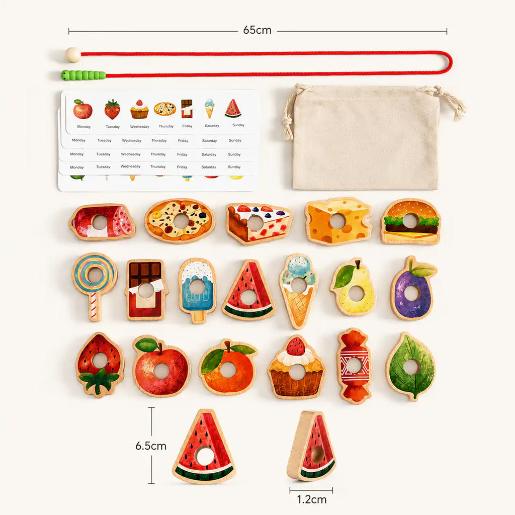 Close-up of wooden food beads with sensory textures and natural finish