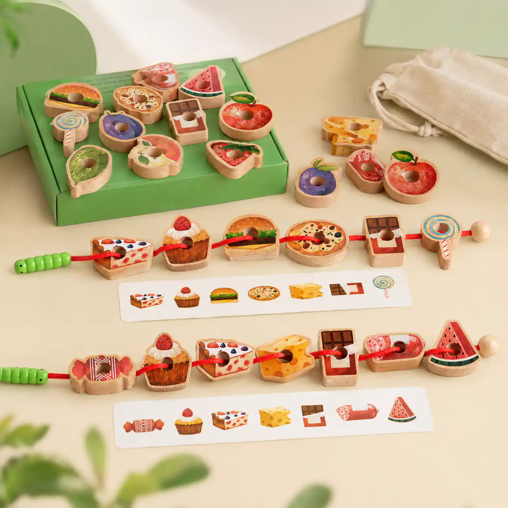 Wooden food lacing set dimensions and size reference chart