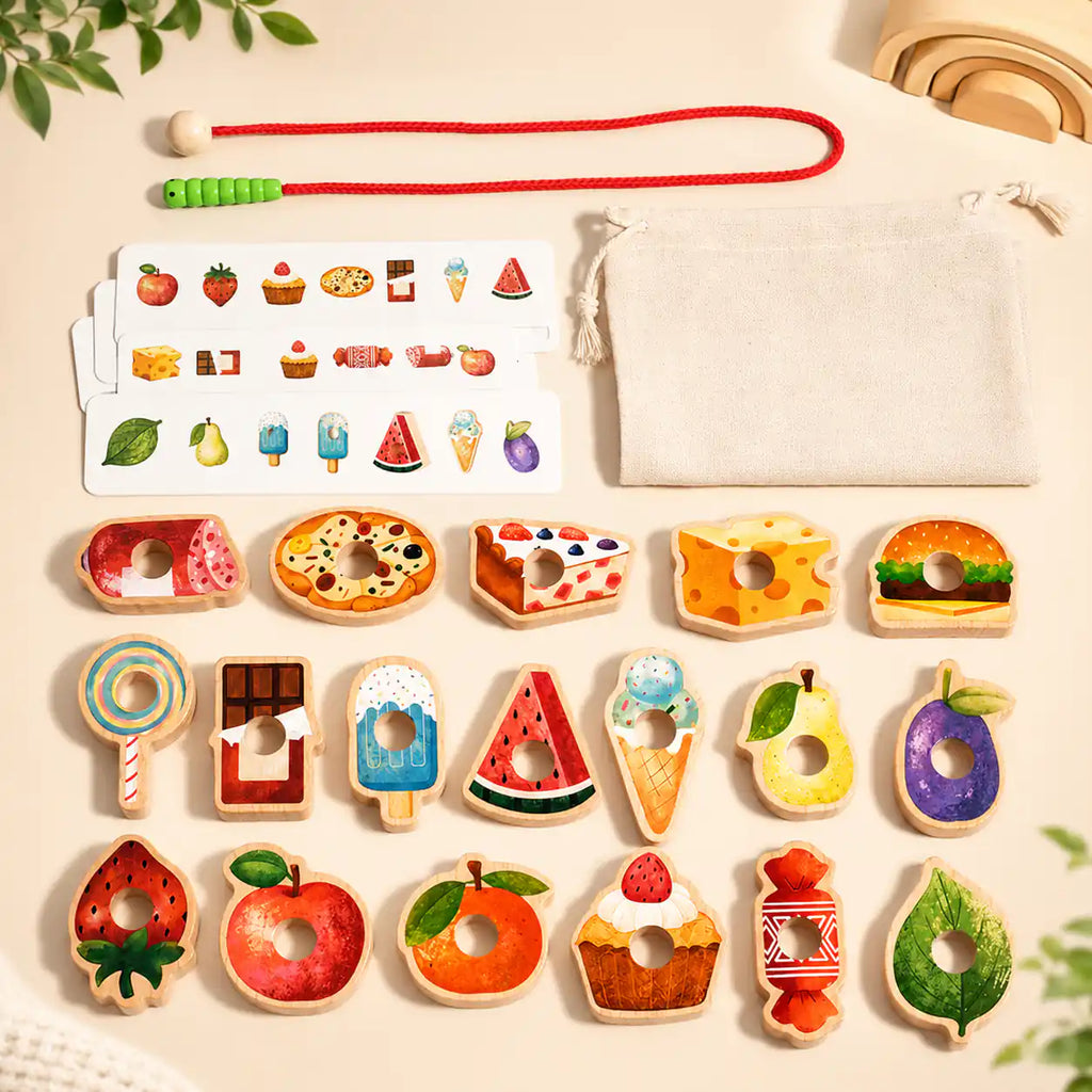 Wooden food lacing set with caterpillar threading and colorful food beads