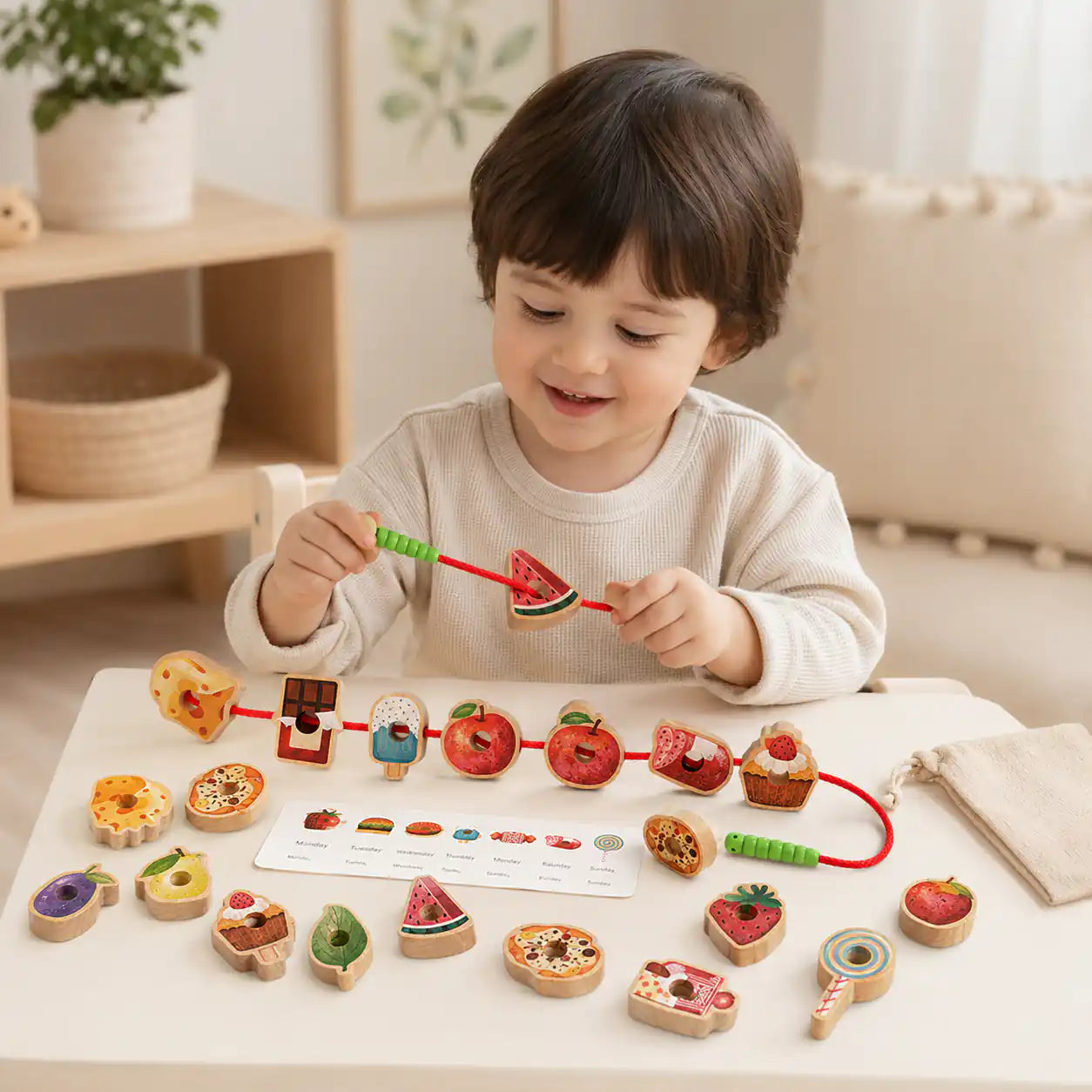 Wooden food beads and pattern cards for Montessori threading and lacing play