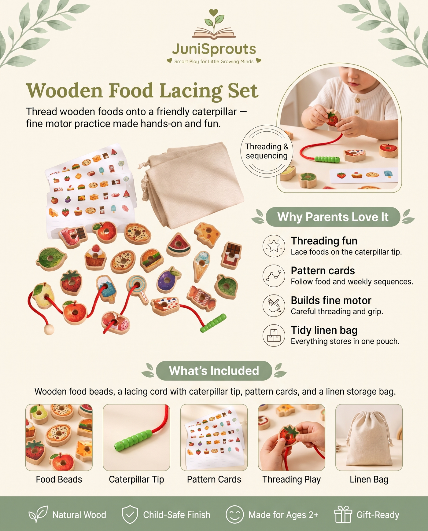 Wooden Food Lacing Set overview and what's included