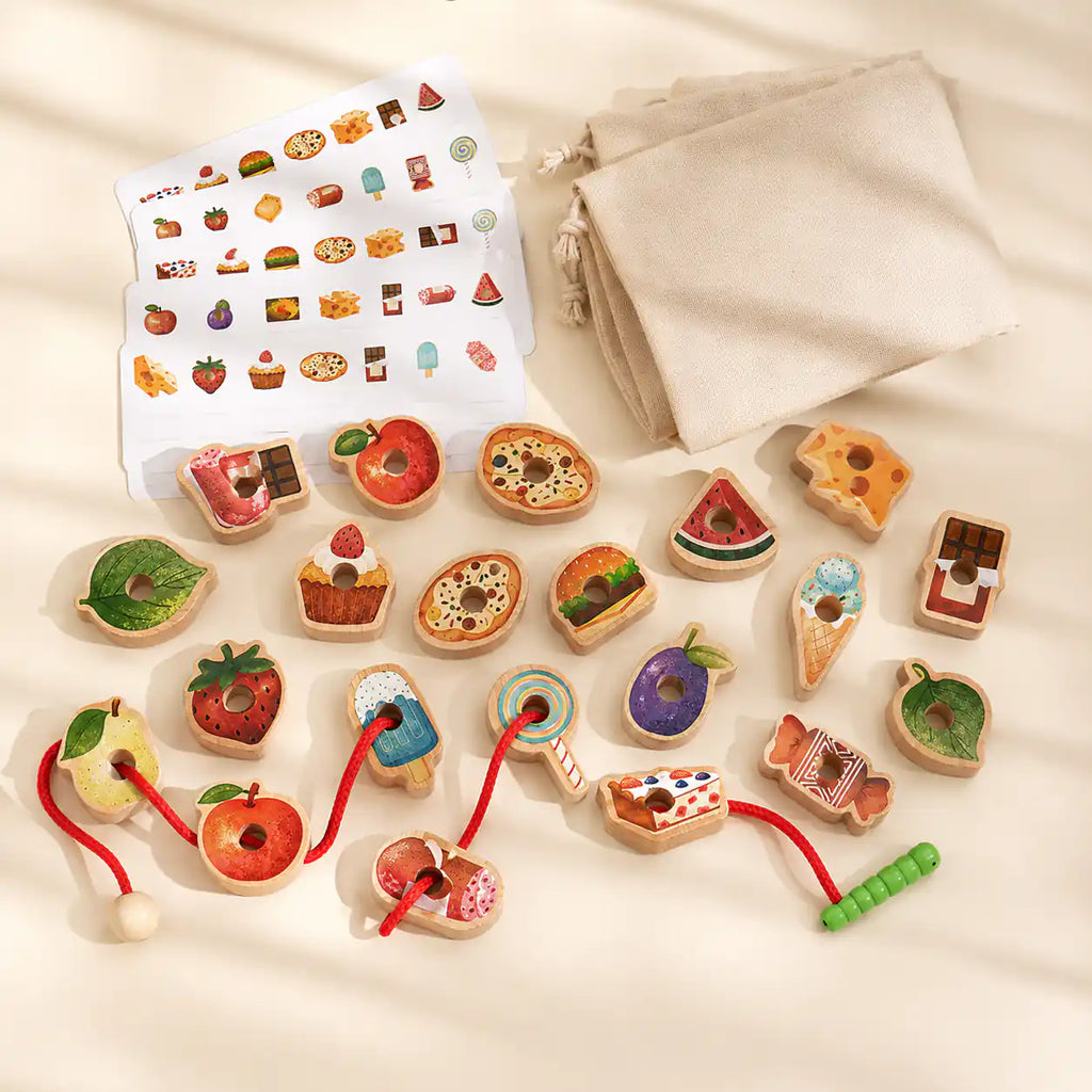Toddler lifestyle scene with the wooden food lacing threading set
